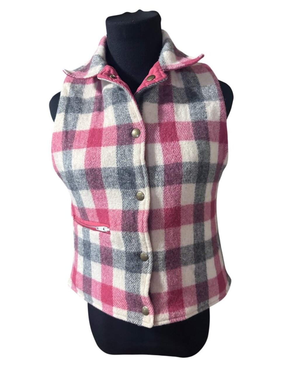 Vintage The Woolrich Woman reversable pink and pink plaid snap vest size M